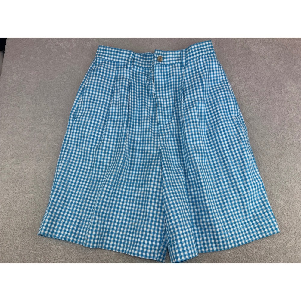 Mountain Lake Blue White Gingham Cotton Pleated High Waisted Shorts Womens 8